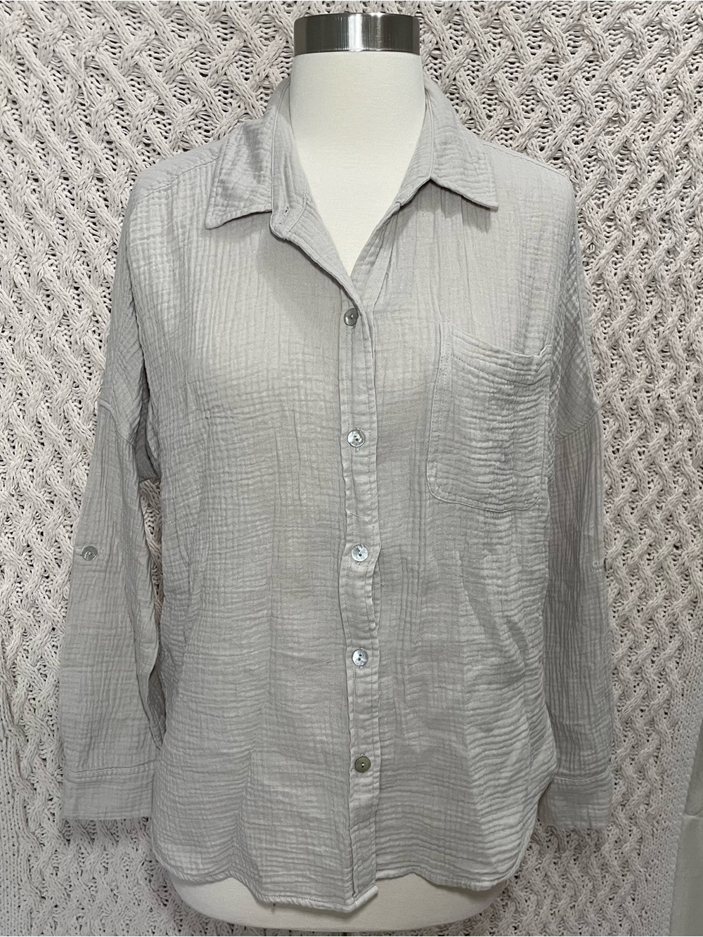 Be Cool Woman Tan/gray Button-Down Cotton Gauze Shirt  100% Cotton size S/M